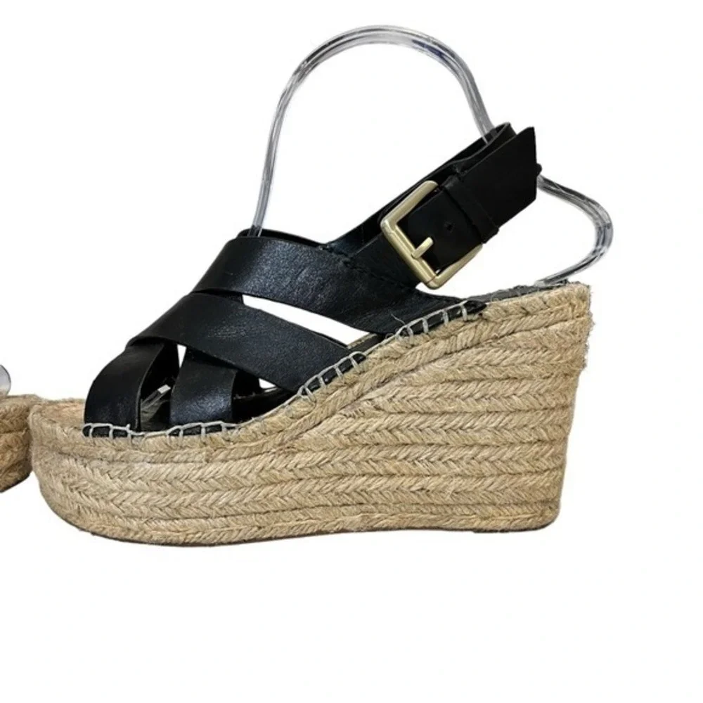 Marc Fisher LTD Wedge Sandals Womens 6.5 Alenni Espadrille Black Leather Jute‎
